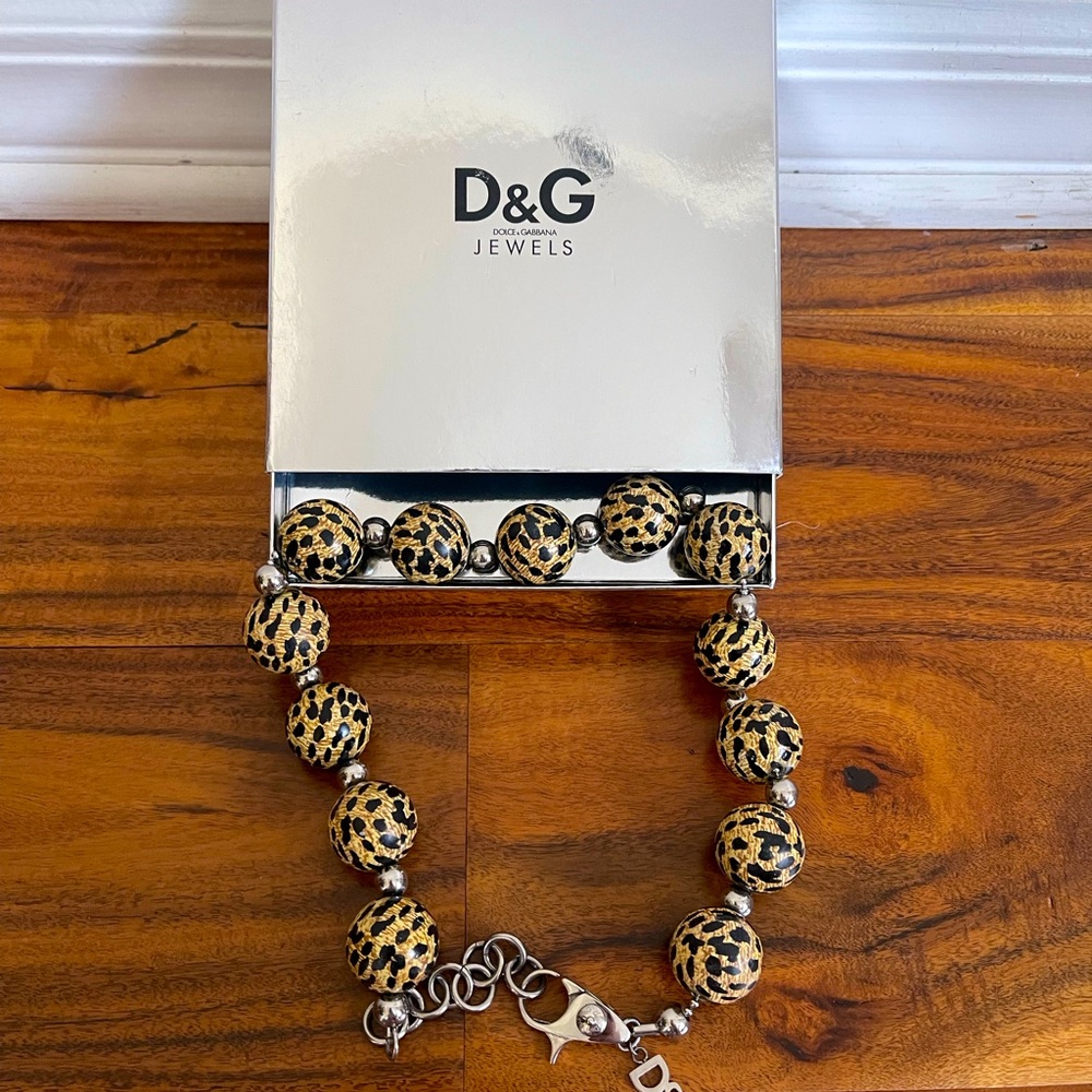 Dolce & Gabbana beaded necklace chocker leopard animal print silver + DG box